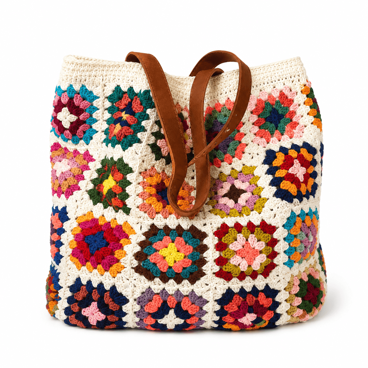 Crochet Granny Square Tote Bag – Boho Cotton Shoulder Bag