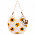 Crochet Sunflower Granny Square Bag | Wool Shoulder Crossbody with Wood Beads