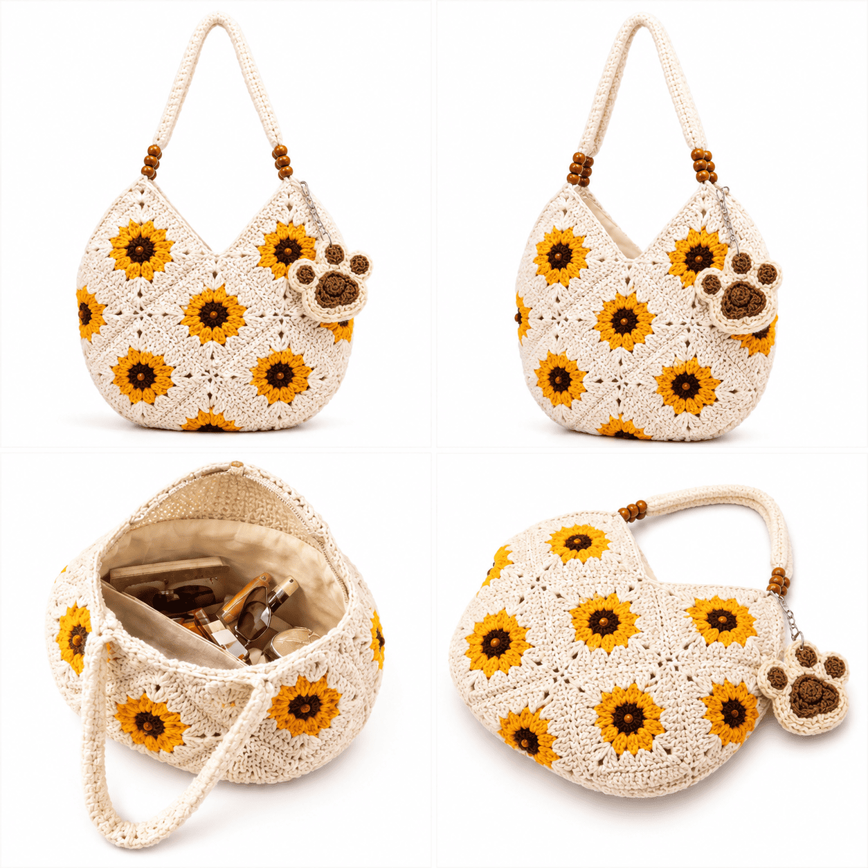 Crochet Sunflower Granny Square Bag | Wool Shoulder Crossbody with Wood Beads