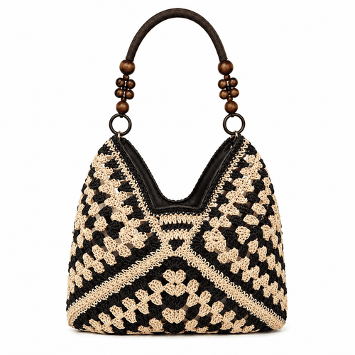 Crochet Granny Square Tote Bag with Wood Bead Handles | Women's Shoulder Bag
